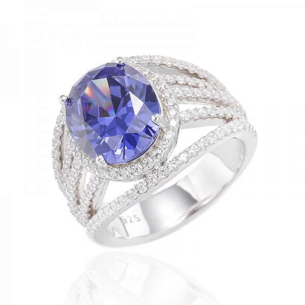 Oval Shape Tanzanite And Round White Cubic Zircon Rhodium Plating Silver Ring 