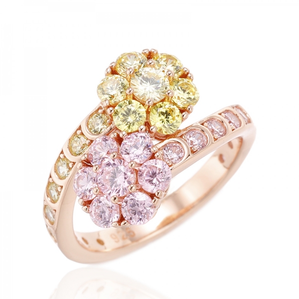 Round Pink And Yellow Cubic Zircon Silver Ring With Rose Gold Plating 