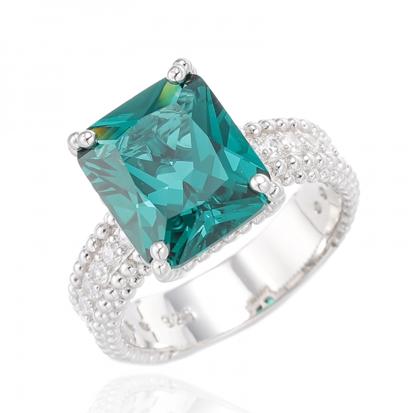 Octagon Green Nano And Round White Cubic Zircon Rhodium Silver Ring 