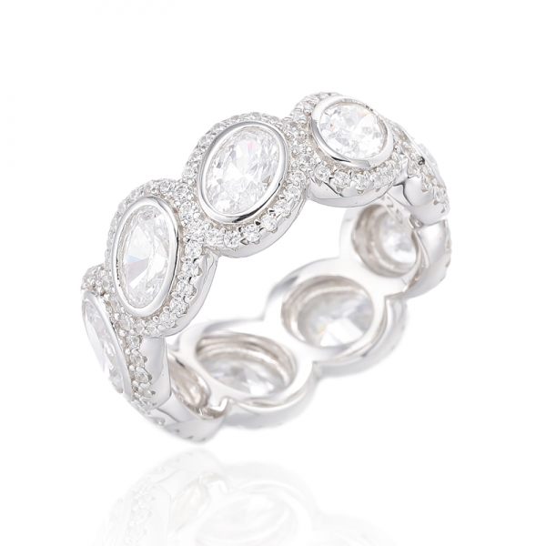 Oval Shape Morganite Nano And Round White Cubic Zircon Silver Eternity Ring With Rose Gold Plating 