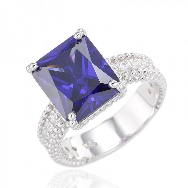 Octagon Green Nano And Round White Cubic Zircon Rhodium Silver Ring 