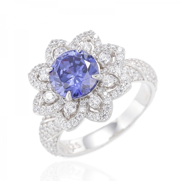 Round Tanzanite And White Cubic Zircon Rhodium Plating Silver Ring 