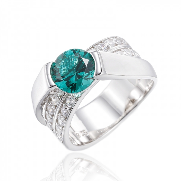 Round Green Nano And White Cubic Zircon Rhodium Platiing Silver Ring 