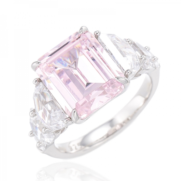Emerald Cut Tanzanite And Half Moon Shape White Cubic Zircon Rhodium Silver Ring 