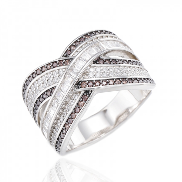Baguette And Round White Cubic Zircon Rhodium Plating Silver Ring 