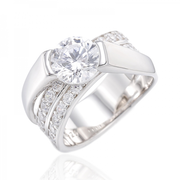 Round Green Nano And White Cubic Zircon Rhodium Platiing Silver Ring 