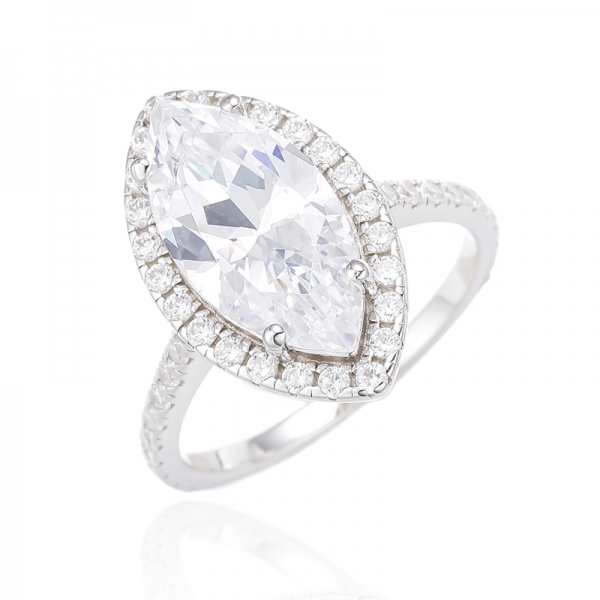 Marquise Tanzanite And Round White Cubic Zircon Rhodium Silver Ring 