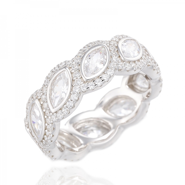 Marquise Multi Color And Round White Cubic Zircon Rhodium Plating Silver Eternity Ring 