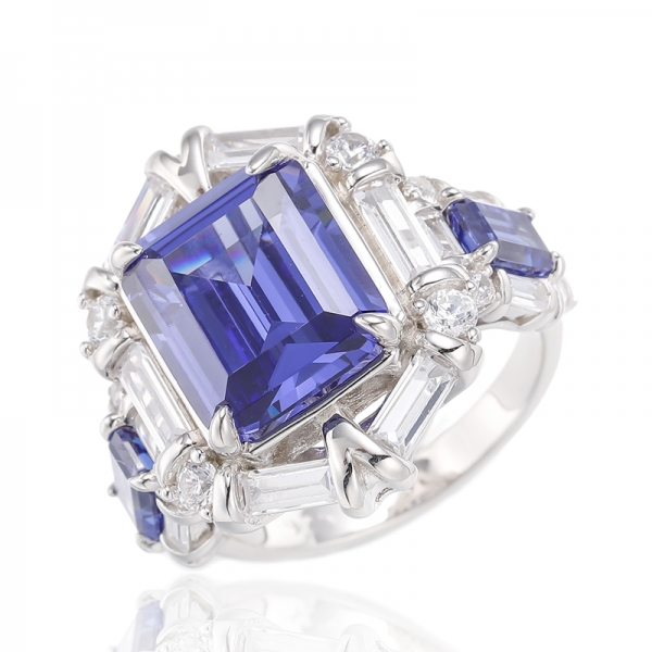 925 Emerald Cut Green Nano And Baguette White Cubic Zircon Rhodium Plating Silver Ring 