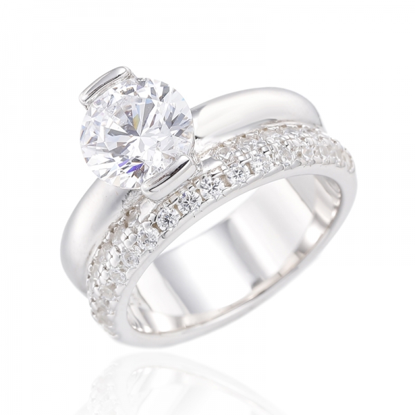 Round White Cubic Zircon Silver Ring With Rhodium And Gold Plating 