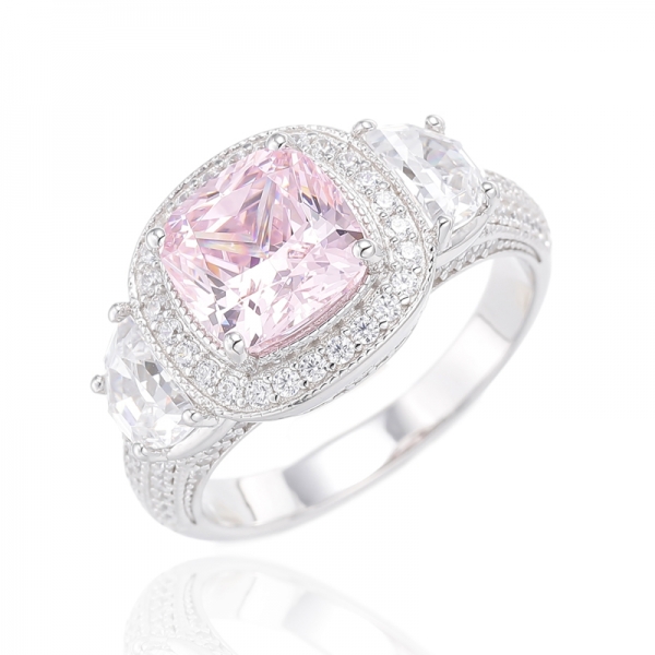 Cushion Diamond Pink And Half Moon Shape White Cubic Zircon Rhodium Plating Silver Ring 