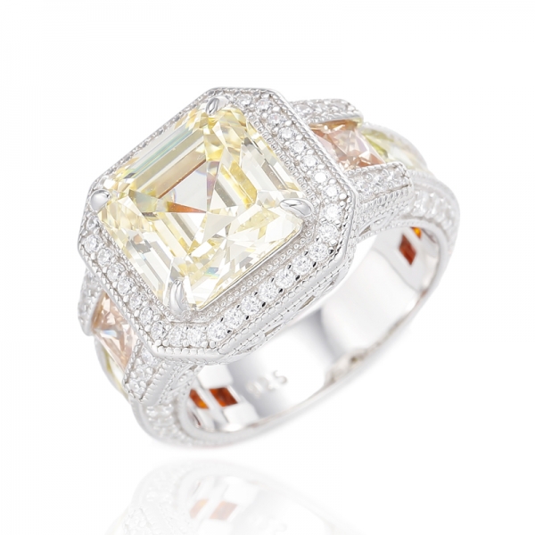 Asscher Tanzanite Cubic Zircon And Square Blue Spinel Rhodium Silver Ring 