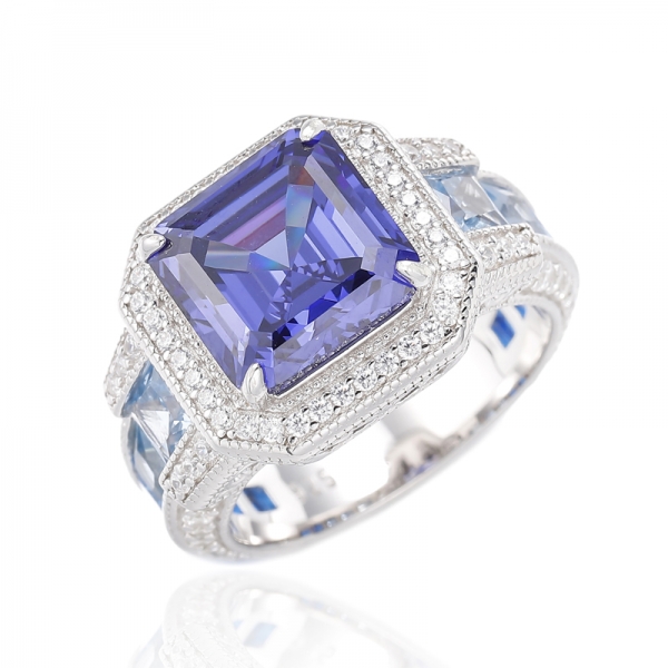 Asscher Tanzanite Cubic Zircon And Square Blue Spinel Rhodium Silver Ring 