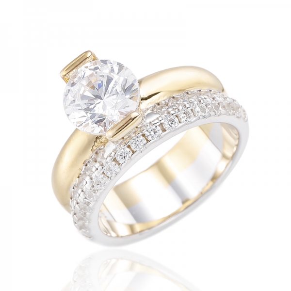 Round White Cubic Zircon Silver Ring With Rhodium And Gold Plating 