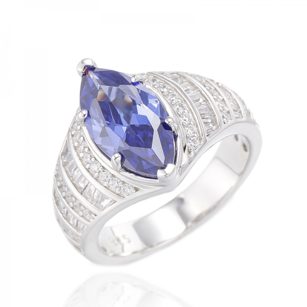 Marquise Tanzanite And Baguette White Cubic Zircon Rhodium Silver Ring 