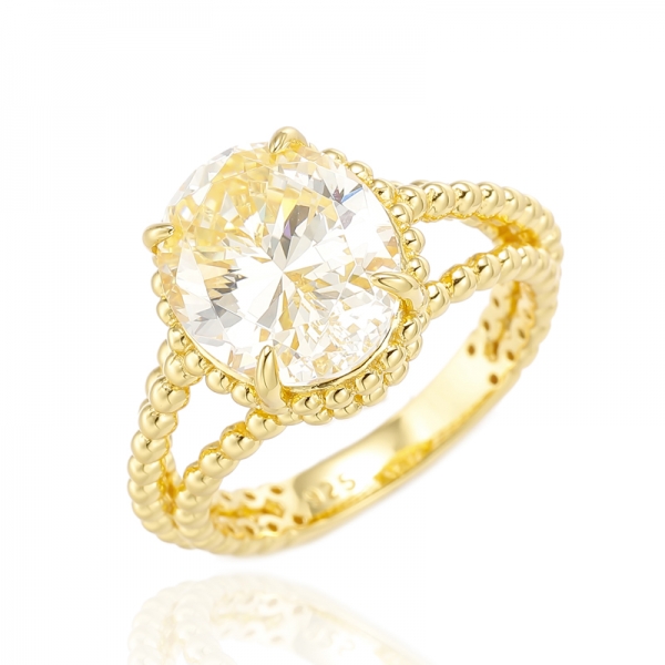 Oval Sharp Diamond Yellow Cubic Zircon Gold Plating Silver Ring 