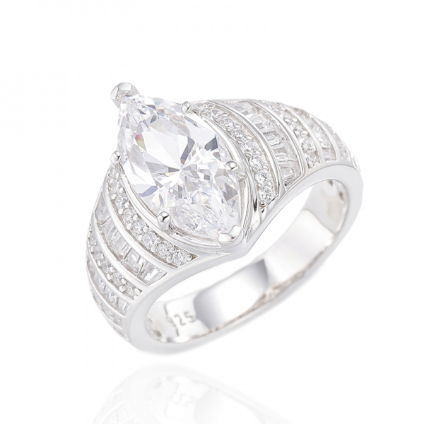 Marquise Tanzanite And Baguette White Cubic Zircon Rhodium Silver Ring 