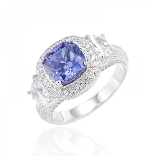 Cushion Diamond Pink And Half Moon Shape White Cubic Zircon Rhodium Plating Silver Ring 