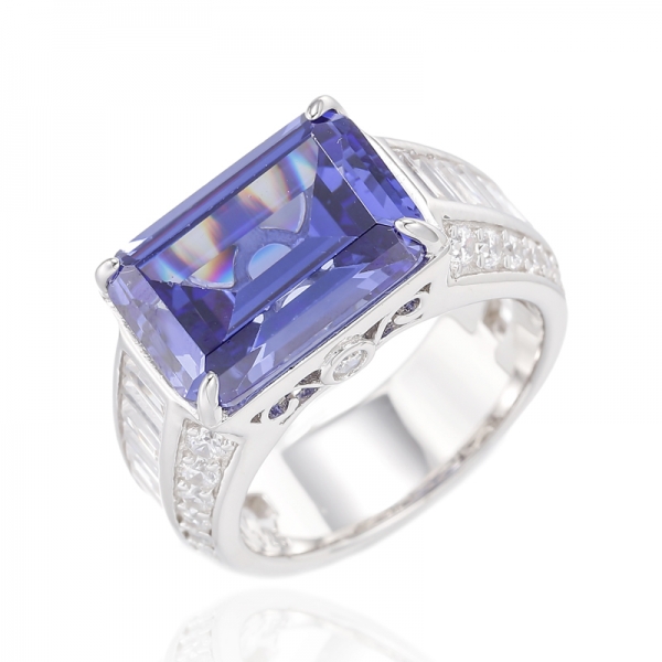 Emerald Cut Diamond Yellow And Baguette White Cubic Zircon Rhodium Plating Silver Ring 