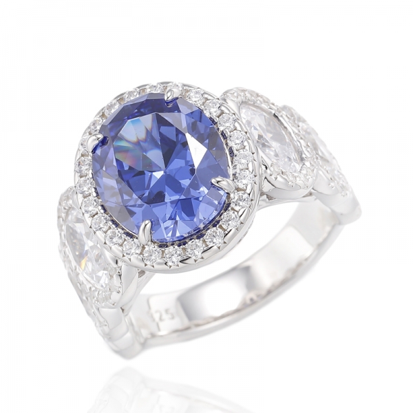 Oval Shape Tanzanite And Round White Cubic Zircon Rhodium Plating Silver Ring 