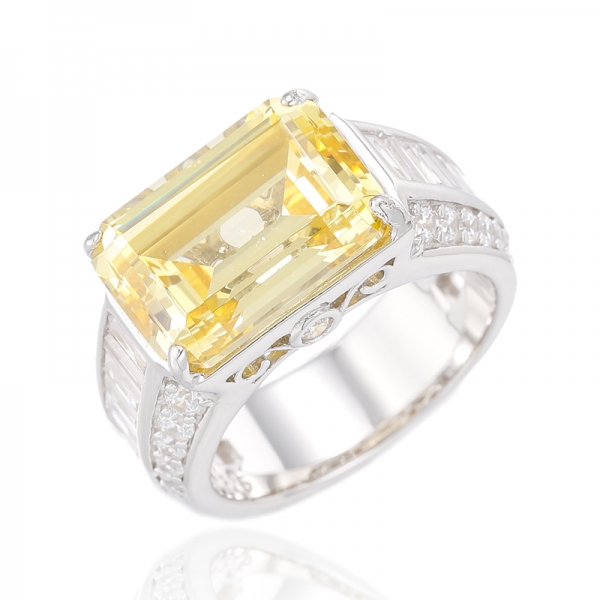 Emerald Cut Diamond Yellow And Baguette White Cubic Zircon Rhodium Plating Silver Ring 