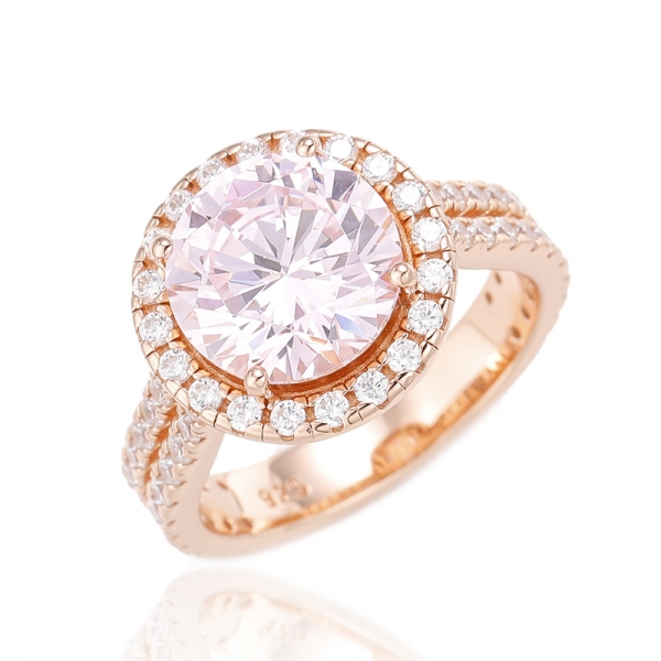 Round Diamond Pink And White Cubic Zircon Silver Ring With Rose Gold Plating 