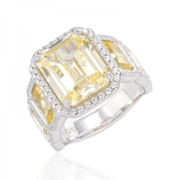 Emerald Cut Neon Apatite Cubic Zircon And Blue Spinel Rhodium Plating Silver Ring 