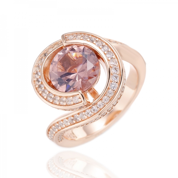 Round Morganite Nano And White Cubic Zircon Silver Ring With Rose Gold Plating 