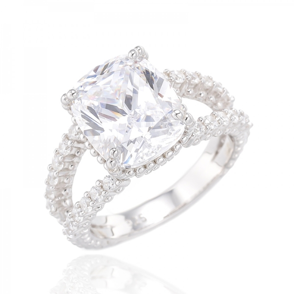 Cushion Diamond Pink And Round White Cubic Zircon Rhodium Plating Silver Ring 