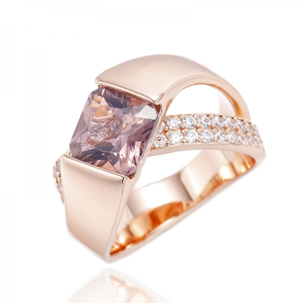 Square Morganite Nano And Round White Cubic Zircon Silver Ring With Rose Gold Plating 
