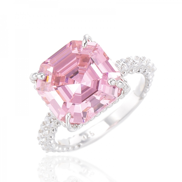 Asscher Pink And Round White Cubic Zircon Rhodium Plating Silver Ring 