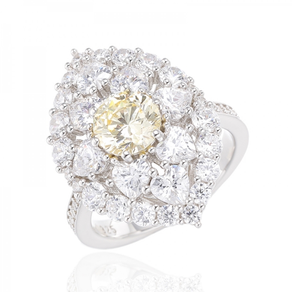 Round Diamond Pink And Heart Shape Pink Cubic Zircon Rhodium Silver Ring 
