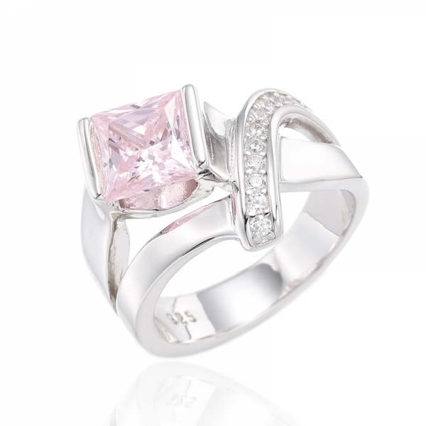 Square Diamond Pink And Round White Cubic Zircon Rhodium Plating Silver Ring 