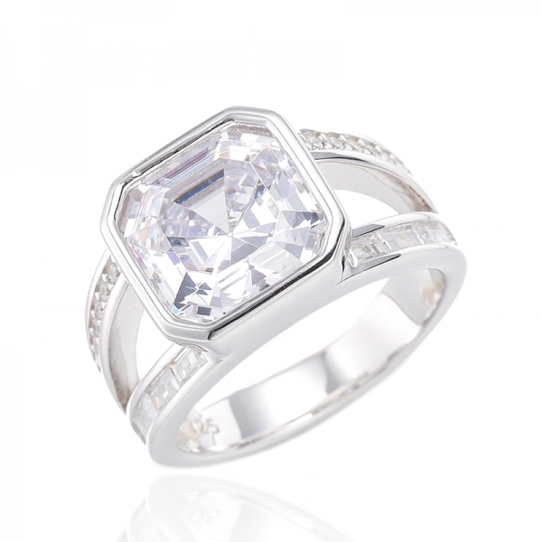 Asscher And Baguette White Cubic Zircon Rhodium Plating Silver Ring 