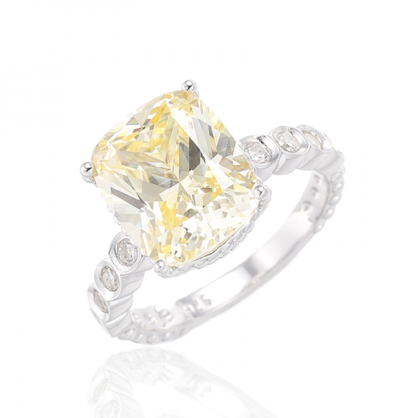 Cushion Diamond Yellow And Round White Cubic Zircon Rhodium Plating Silver Ring 