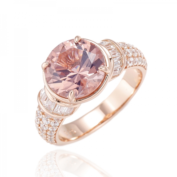 Round Morganite Nano And Baguette White Cubic Zircon Silver Ring With Rose Gold Plating 