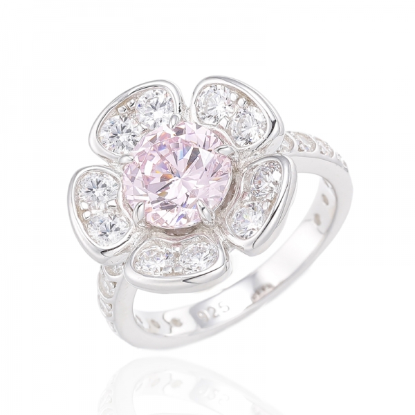 Round Shape Tanzanite And White Cubic Zircon Rhodium Silver Ring 