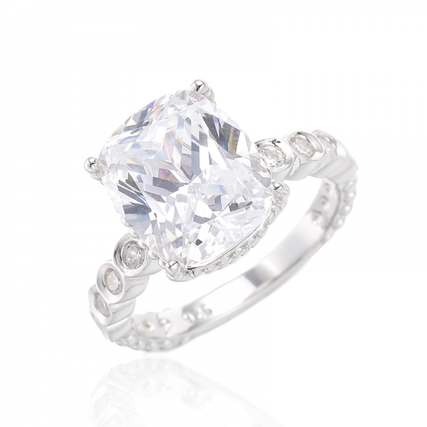 Cushion Diamond Yellow And Round White Cubic Zircon Rhodium Plating Silver Ring 
