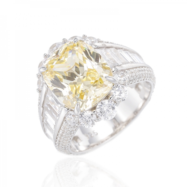 Cushion Diamond Yellow And Baguette White Cubic Zircon Rhodium Plating Silver Ring 