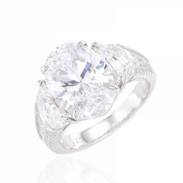 Oval Shape Tanzanite And Half Moon Shape White Cubic Zircon Rhodium Plating Silver Ring 