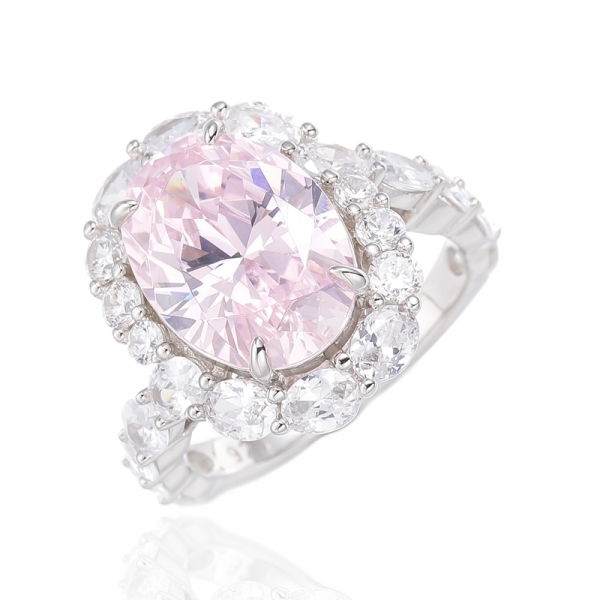 Oval Shape Morganite Nano And Round White Silver Ring With Rose Gold Plating 