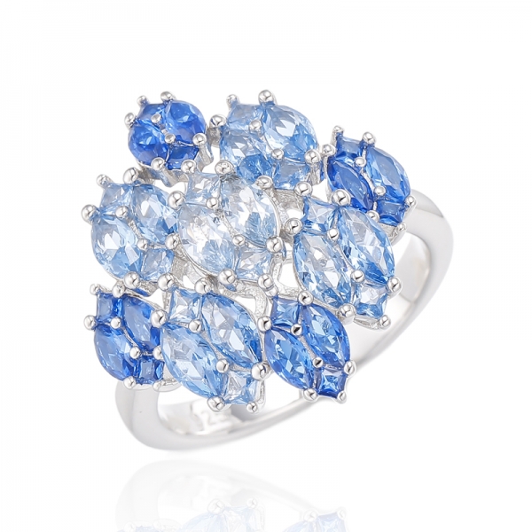 Marquise And Square Multiple Blue Spinel Rhodium Silver Ring 