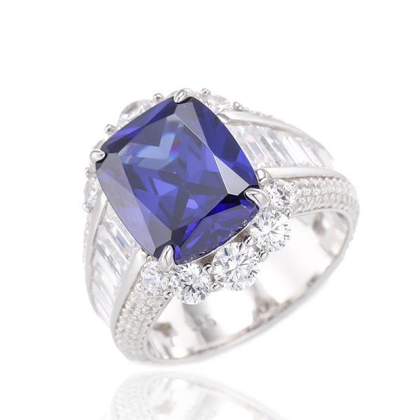 Cushion Diamond Yellow And Baguette White Cubic Zircon Rhodium Plating Silver Ring 