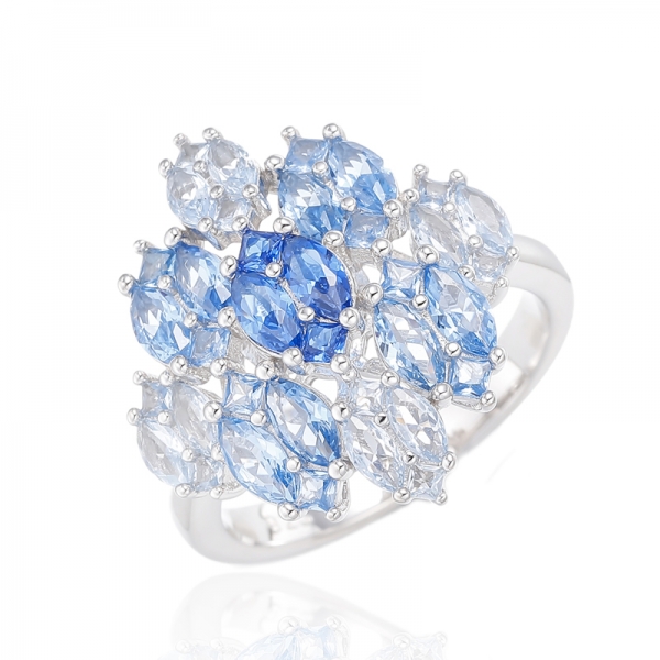 Marquise And Square Multiple Blue Spinel Rhodium Silver Ring 