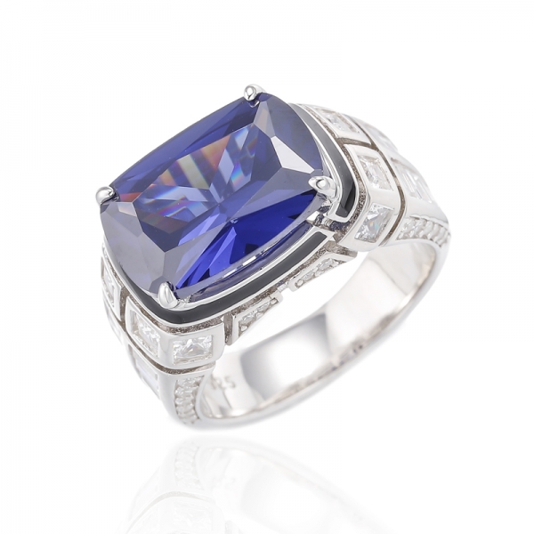 Green Enamel And Cushion White Cubic Zircon Rhodium Plating Silver Ring 