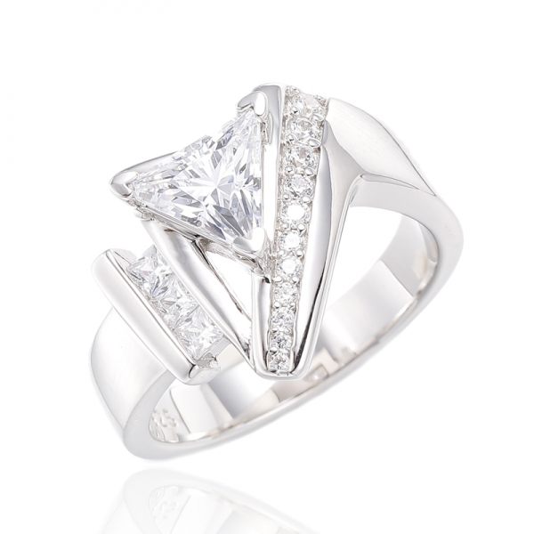 Triangle Tanzanite And Square White Cubic Zircon Rhodium Silver Ring 
