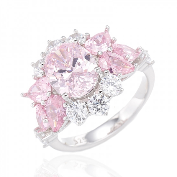 Oval Shape Diamond Pink And Pear Shape Pink Cubic Zircon Rhodium Plating Silver Ring 