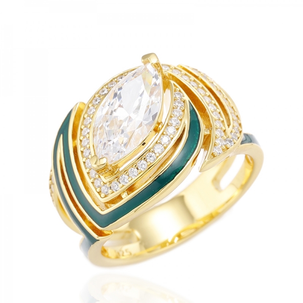 Green Enamel And Marquise White Cubic Zircon Silver Ring With Rose Gold Plating 