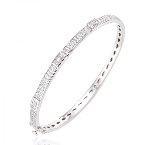 Baguette Ruby Corundum And Round White Cubic Zircon Rhodium Silver Bangle 