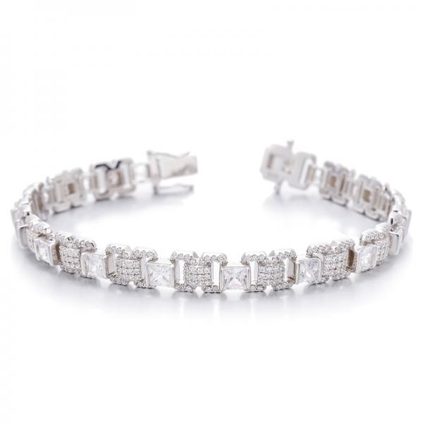 Square Ruby Corundum And Round White Cubic Zircon Rhodium Silver Bracelet 